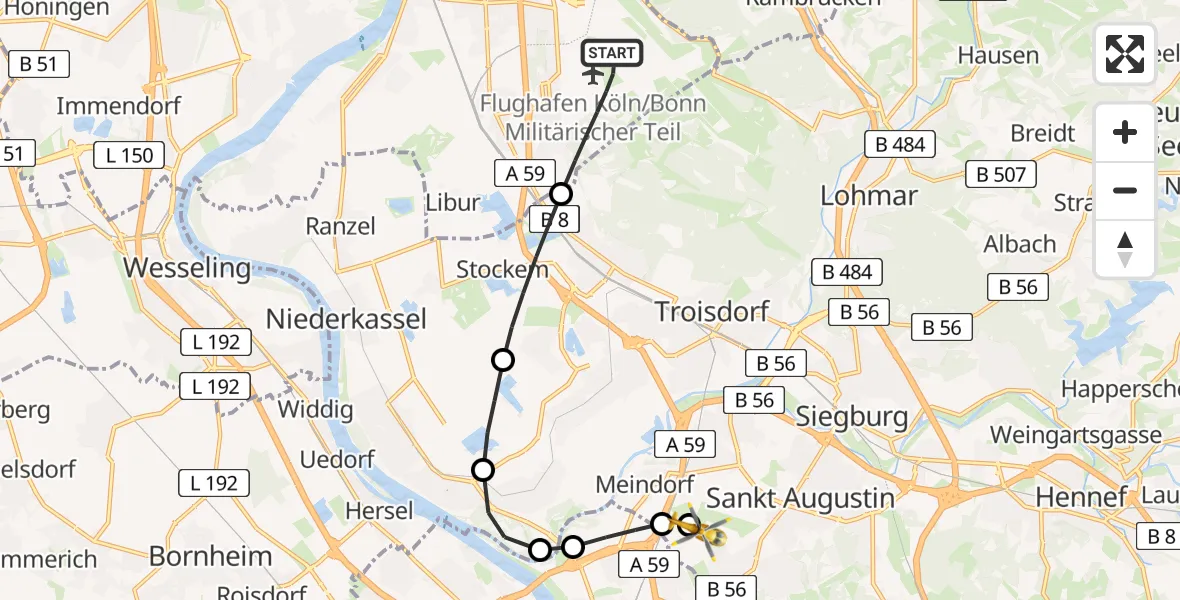 Flugroute Rettungshubschrauber Cologne Bonn Airport - Sankt Augustin, 06 März 2026, 17:47