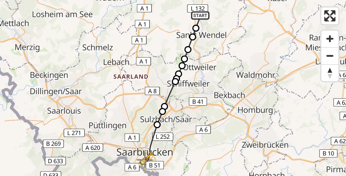 Flugroute Rettungshubschrauber Namborn - Saarbrücken, 06 März 2026, 17:48