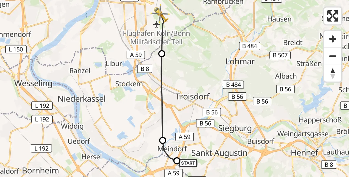 Flugroute Rettungshubschrauber Sankt Augustin - Cologne Bonn Airport, 06 März 2026, 18:58