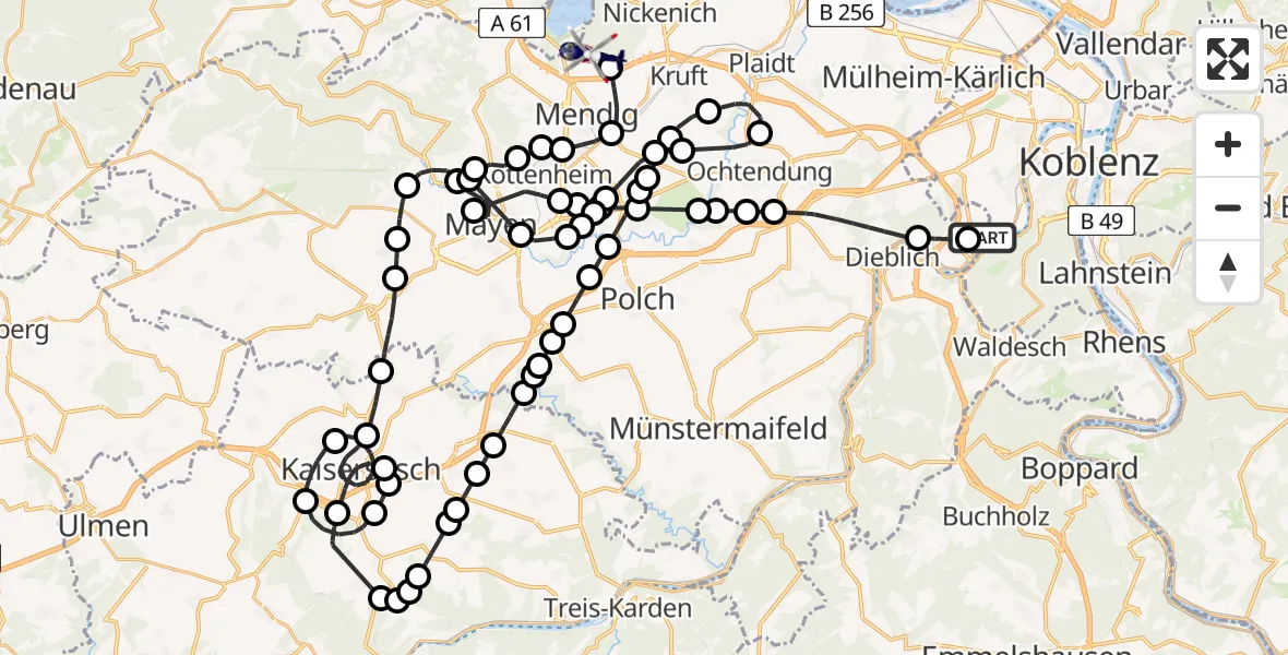 Flugroute Polizeihubschrauber Koblenz-Winningen Airfield - Kruft, 06 März 2026, 20:05