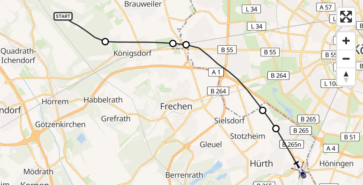 Flugroute Polizeihubschrauber Bergheim - Hürth, 06 März 2026, 20:46