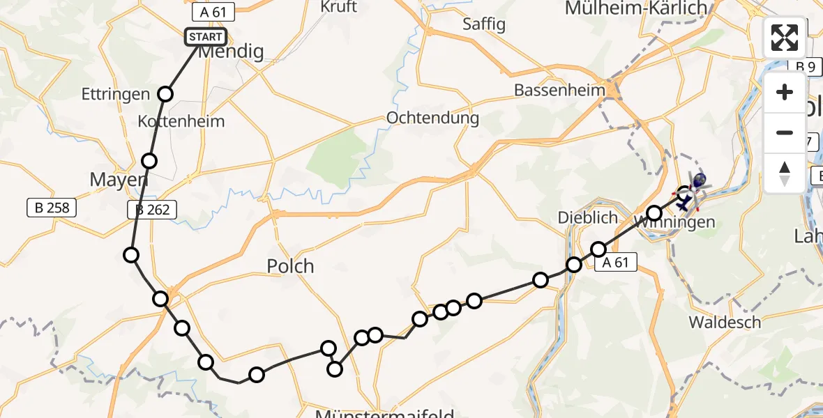 Flugroute Polizeihubschrauber Mendig - Koblenz-Winningen Airfield, 06 März 2026, 21:15