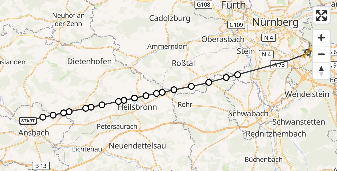Flugroute Ambulanzhubschrauber Ansbach - Nürnberg South Hospital Heliport, 06 März 2026, 22:17