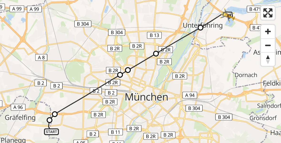 Flugroute Ambulanzhubschrauber DRF Air Rescue München Heliport - Unterföhring, 07 März 2026, 04:54