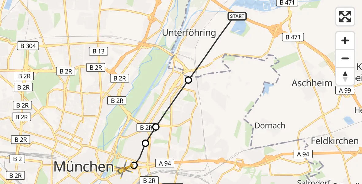 Flugroute Ambulanzhubschrauber Unterföhring - Rechts der Isar University Hospital Heliport, 07 März 2026, 05:29