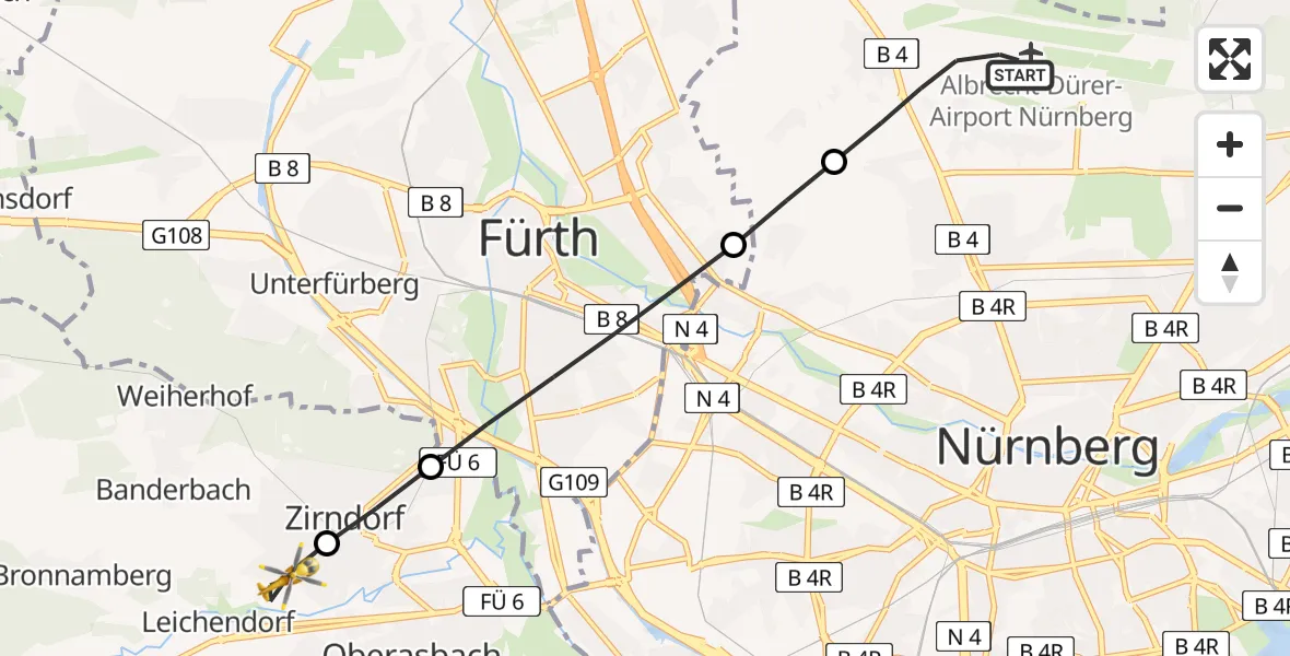 Flugroute Rettungshubschrauber Nuremberg Airport - Leichendorf, 07 März 2026, 06:57