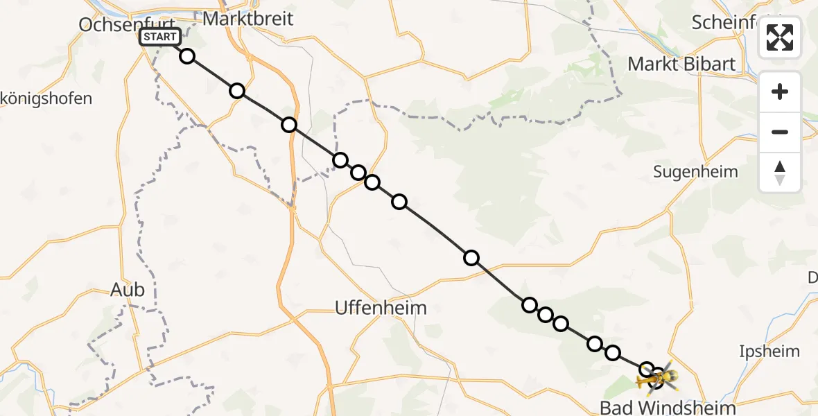 Flugroute Rettungshubschrauber Ochsenfurt Hospital Heliport - Erkenbrechtshofen, 07 März 2026, 07:25