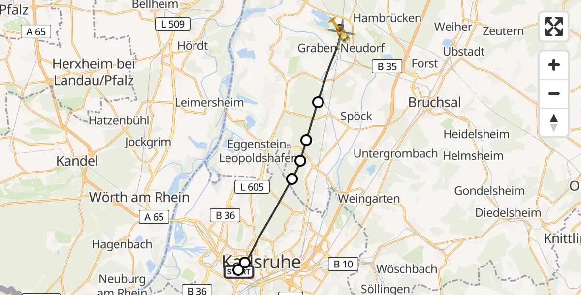 Flugroute Rettungshubschrauber Sankt Vincentius Hospital Heliport - Graben-Neudorf, 07 März 2026, 07:46