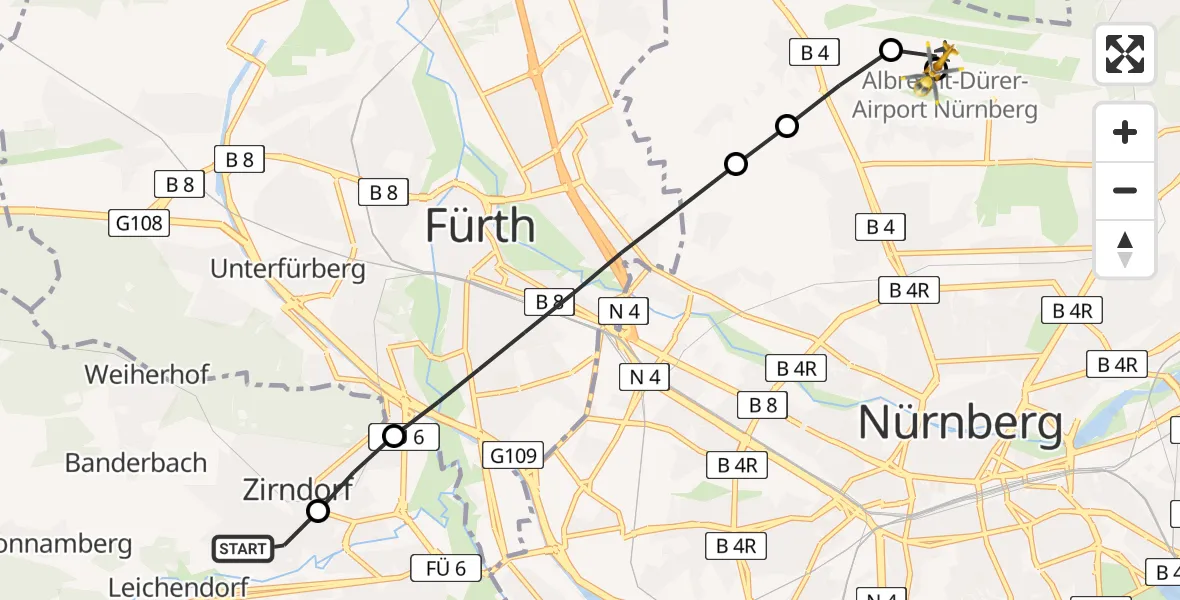 Flugroute Rettungshubschrauber Leichendorf - Nuremberg Airport, 07 März 2026, 07:48