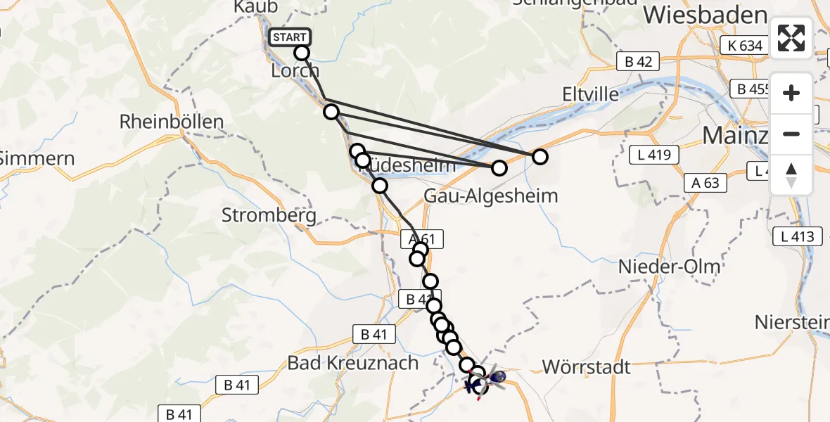 Routekaart van de vlucht: Polizeihubschrauber nach Gau-Bickelheim, Rheinhessenblick