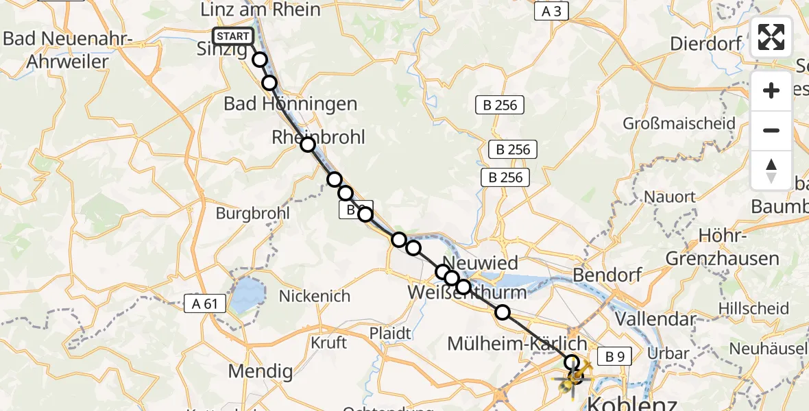 Flugroute Rettungshubschrauber Sinzig - Koblenz, 07 März 2026, 08:02