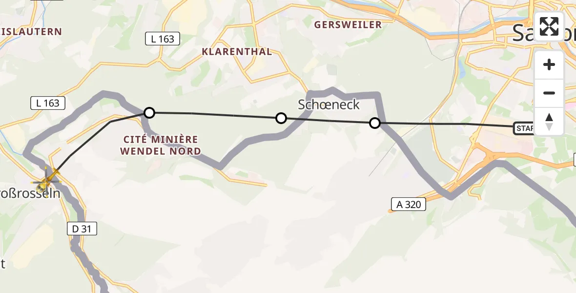Flugroute Rettungshubschrauber Saarbrücken - Großrosseln, 07 März 2026, 08:05