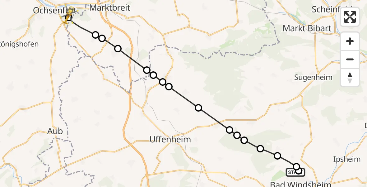 Flugroute Rettungshubschrauber Erkenbrechtshofen - Ochsenfurt Hospital Heliport, 07 März 2026, 08:09