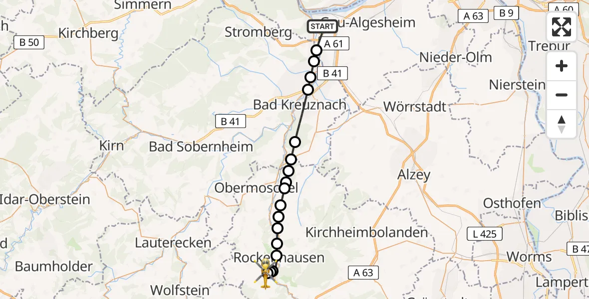 Flugroute Rettungshubschrauber Bingen am Rhein - Imsweiler UL, 07 März 2026, 08:45