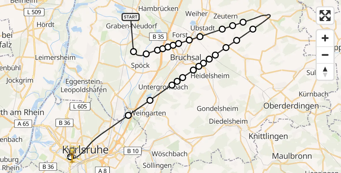 Flugroute Rettungshubschrauber Graben-Neudorf - Sankt Vincentius Hospital Heliport, 07 März 2026, 08:48