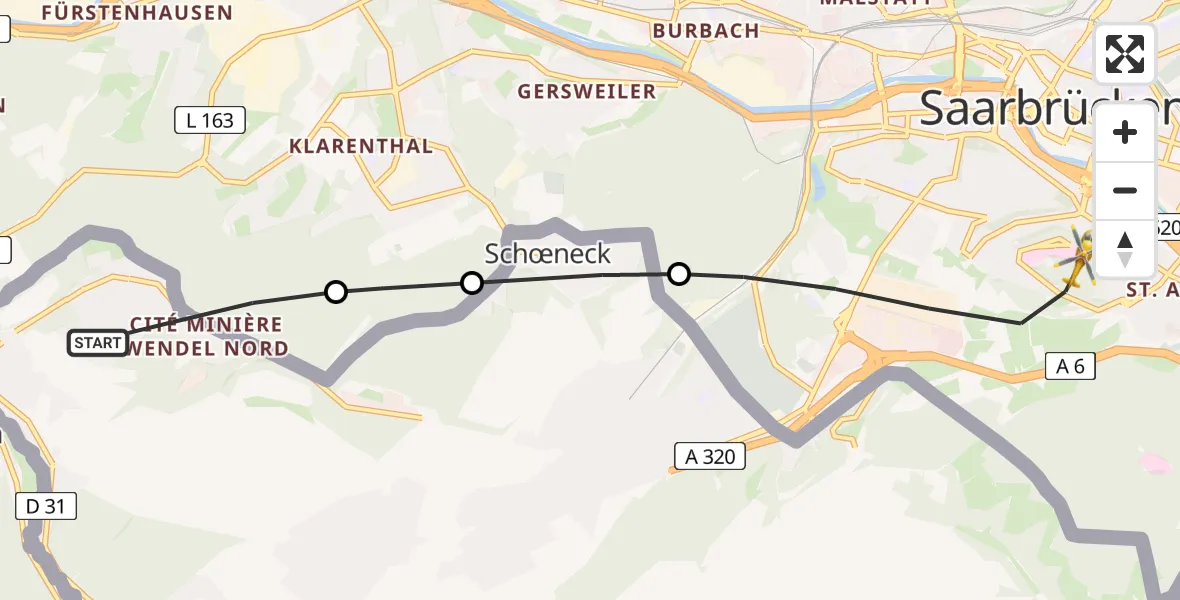 Flugroute Rettungshubschrauber Petite-Rosselle - Saarbrücken, 07 März 2026, 08:51