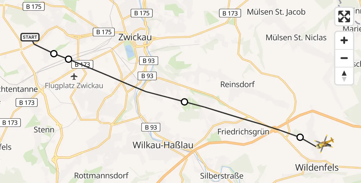 Flugroute Rettungshubschrauber ADAC Air Rescue Station Zwickau Heliport - Wildenfels, 07 März 2026, 08:52