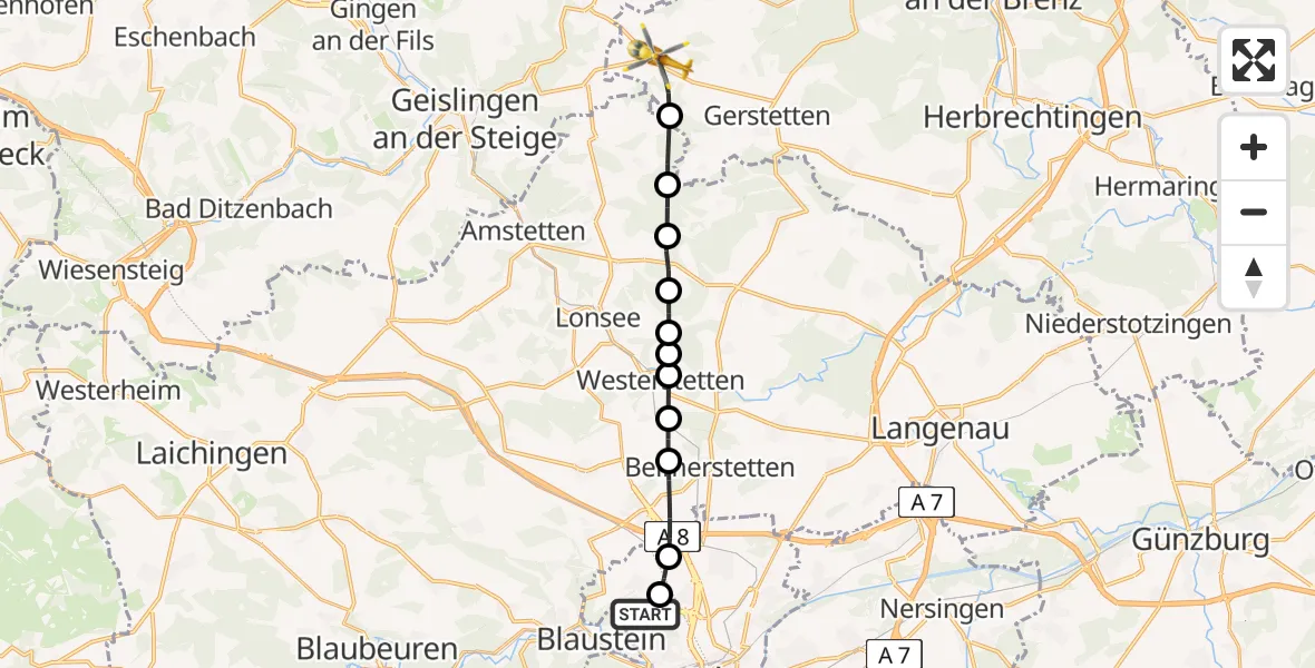 Flugroute Rettungshubschrauber ADAC Air Rescue Station Ulm (Christoph 22) - Gussenstadt, 07 März 2026, 09:10