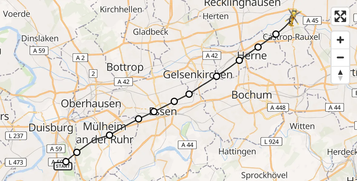 Flugroute Rettungshubschrauber Duisburg Air Rescue Heliport (Christoph 9) - Castrop-Rauxel, 07 März 2026, 09:11