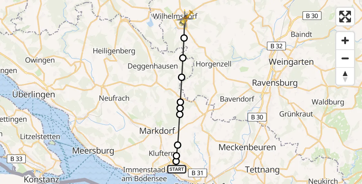 Flugroute Rettungshubschrauber Friedrichshafen Hospital Heliport - Wilhelmsdorf, 07 März 2026, 09:15