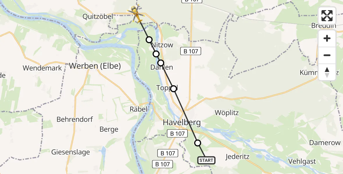Flugroute Rettungshubschrauber Jederitz - Glöwen, 07 März 2026, 09:18