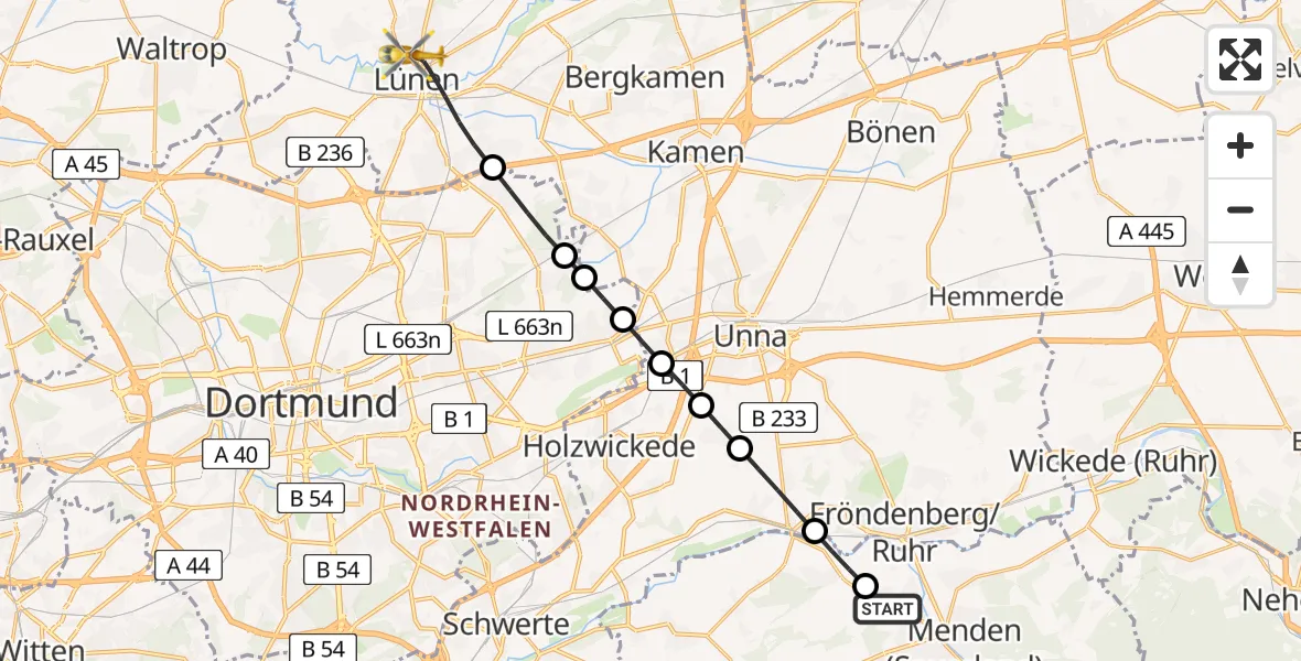 Flugroute Rettungshubschrauber Menden (Sauerland) - Sankt Marien Hospital Heliport, 07 März 2026, 09:20