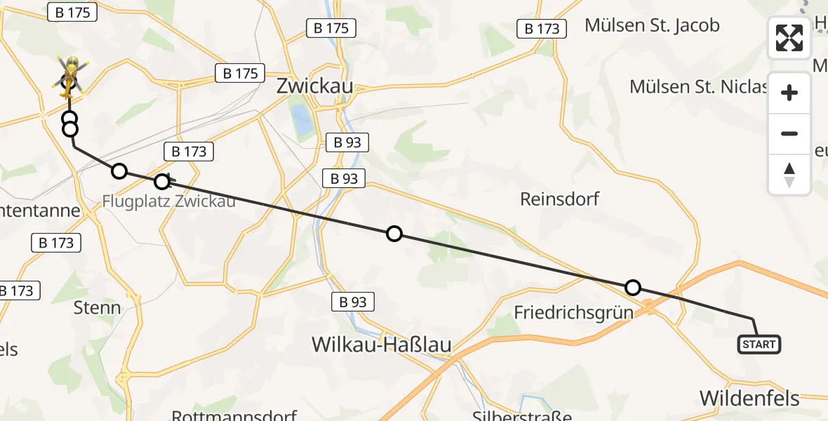 Flugroute Rettungshubschrauber Wildenfels - ADAC Air Rescue Station Zwickau Heliport, 07 März 2026, 09:23