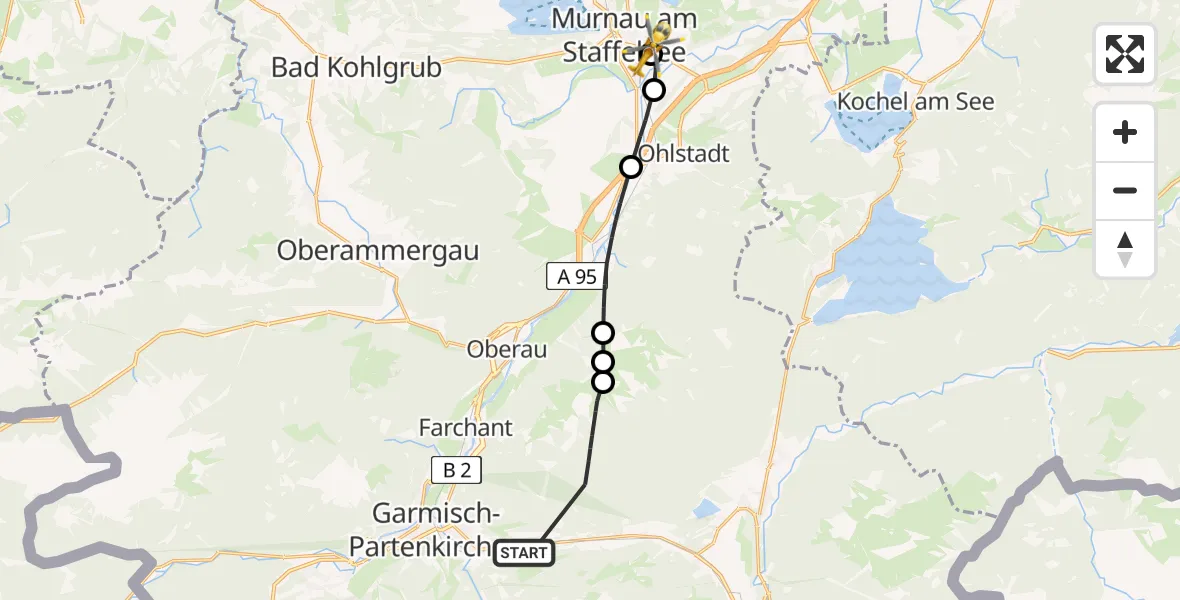 Routekaart van de vlucht: Rettungshubschrauber nach Murnau Accident Hospital Heliport
