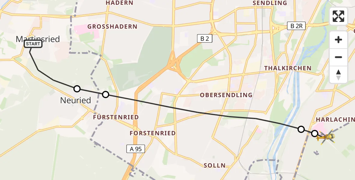 Flugroute Rettungshubschrauber Martinsried - ADAC Air Rescue Center Heliport (Christoph 1), 07 März 2026, 09:42