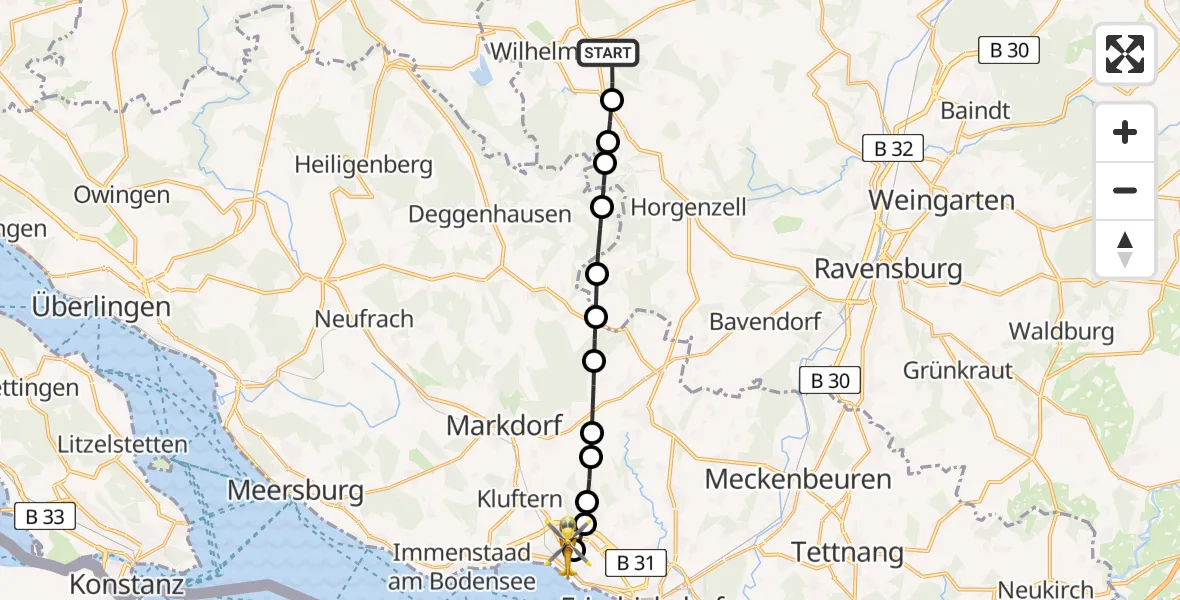 Flugroute Rettungshubschrauber Wilhelmsdorf - Friedrichshafen Hospital Heliport, 07 März 2026, 09:45