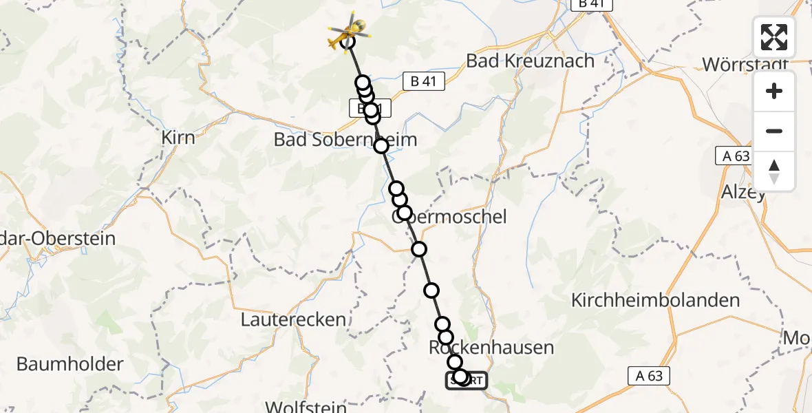 Flugroute Rettungshubschrauber Imsweiler UL - Winterburg, 07 März 2026, 09:48