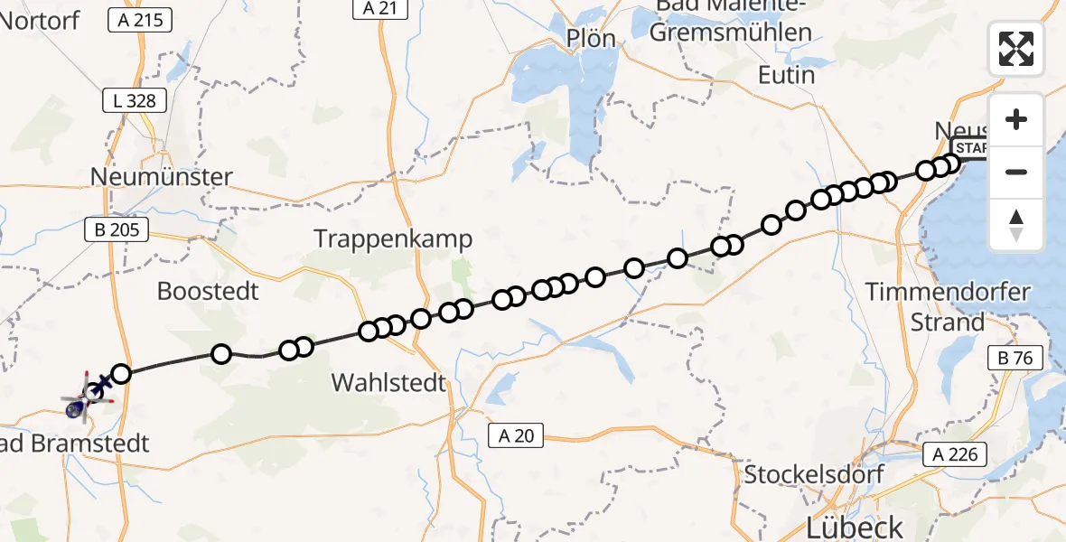 Flugroute Polizeihubschrauber Neustadt in Holstein - Bad Bramstedt Heliport, 07 März 2026, 09:54