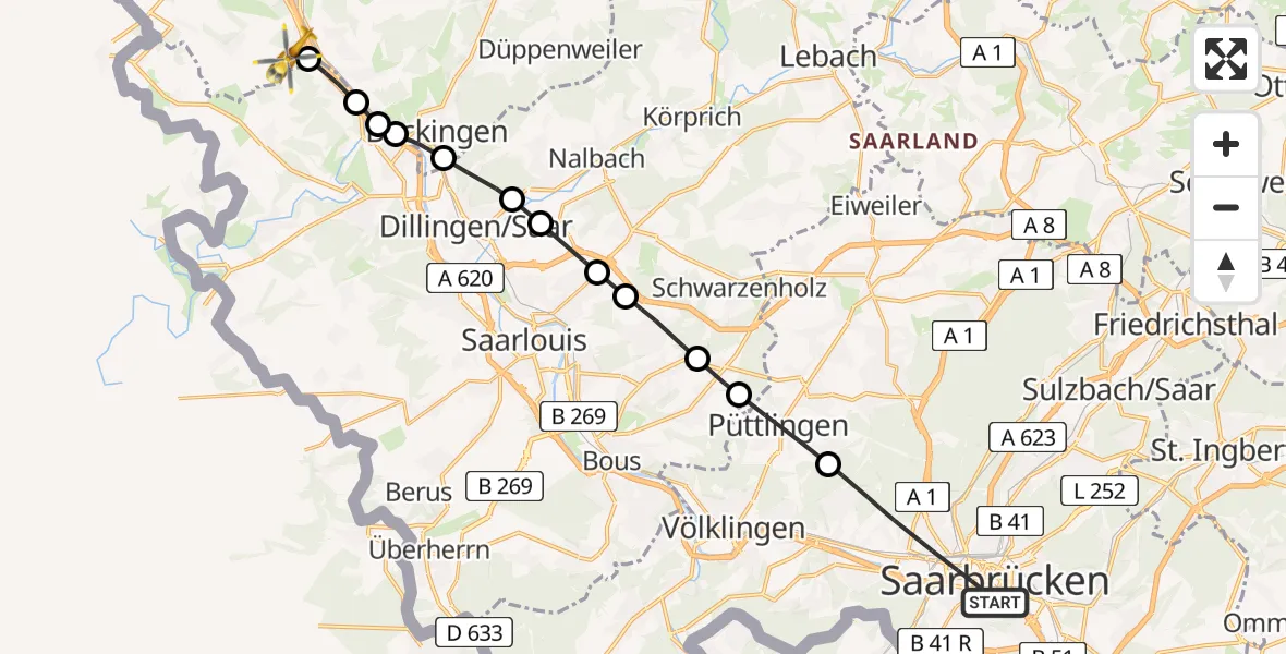 Flugroute Rettungshubschrauber Saarbrücken - Merzig, 07 März 2026, 09:56