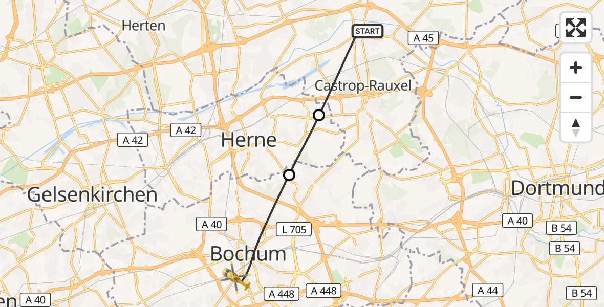 Flugroute Rettungshubschrauber Castrop-Rauxel - Bochum, 07 März 2026, 10:04