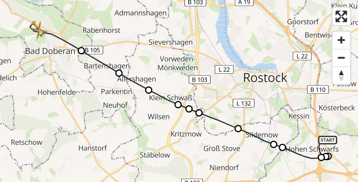 Flugroute Ambulanzhubschrauber Hohen Schwarfs - Bad Doberan, 07 März 2026, 10:10