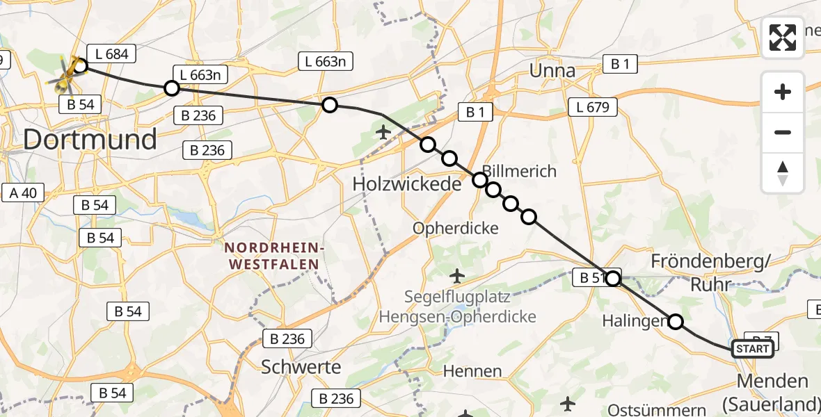 Routekaart van de vlucht: Rettungshubschrauber nach Dortmund Hospital North Heliport
