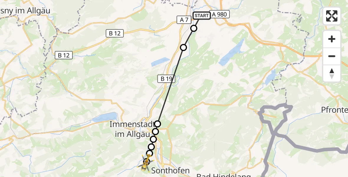 Flugroute Rettungshubschrauber Graben - Gunzesried, 07 März 2026, 10:15
