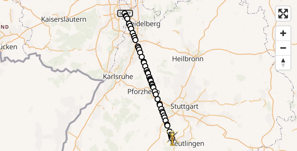 Flugroute Rettungshubschrauber Neckarstadt-Ost/Wohlgelegen - Tübingen University Hospital, 07 März 2026, 10:18
