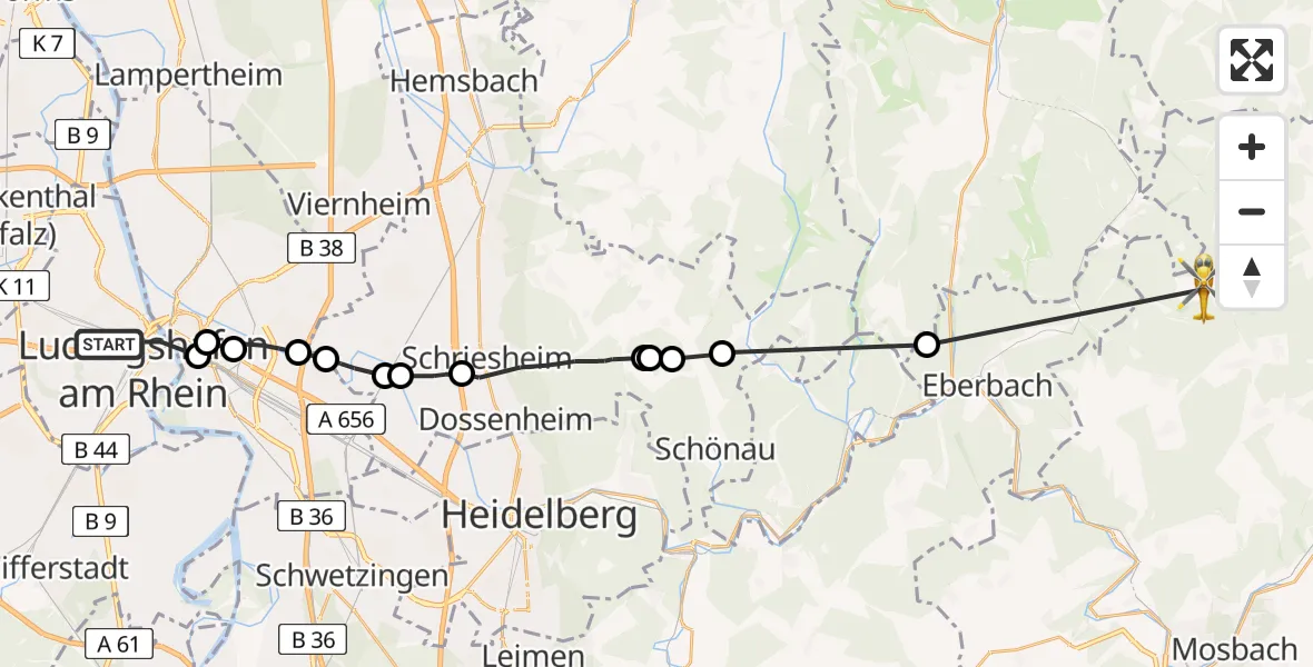 Flugroute Rettungshubschrauber Ludwigshafen am Rhein - Reisenbach, 07 März 2026, 10:25