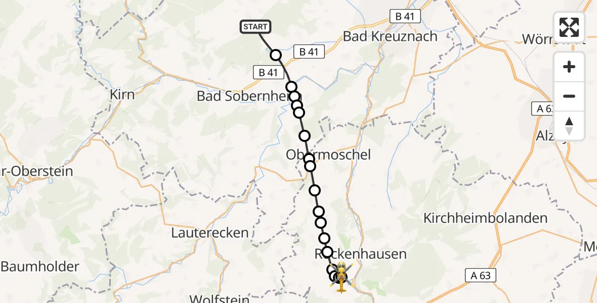 Flugroute Rettungshubschrauber Bockenau - Imsweiler UL, 07 März 2026, 10:26