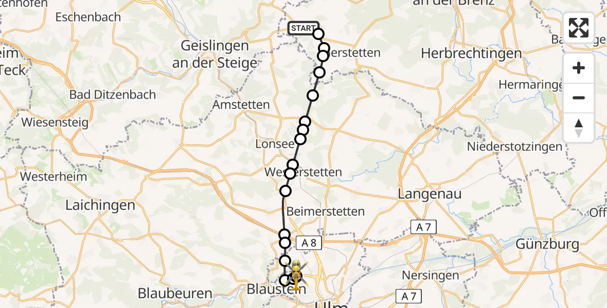 Flugroute Rettungshubschrauber Gussenstadt - ADAC Air Rescue Station Ulm (Christoph 22), 07 März 2026, 10:42