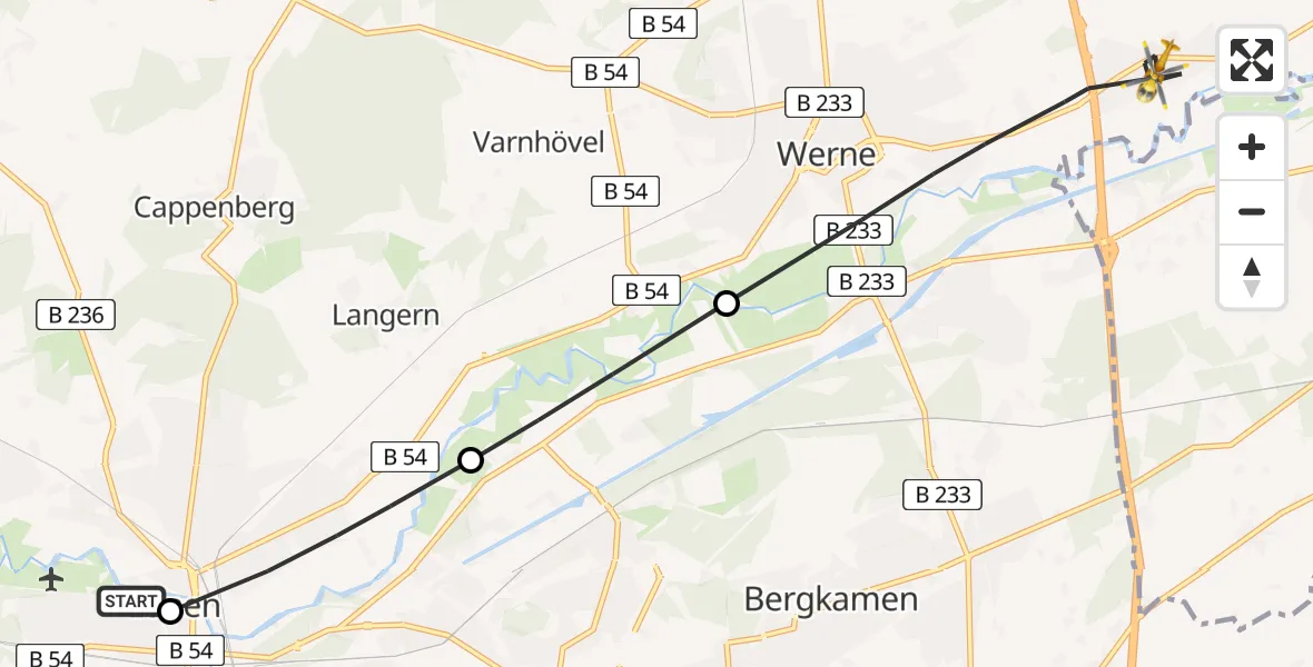 Flugroute Rettungshubschrauber Sankt Marien Hospital Heliport - Werne, 07 März 2026, 10:43