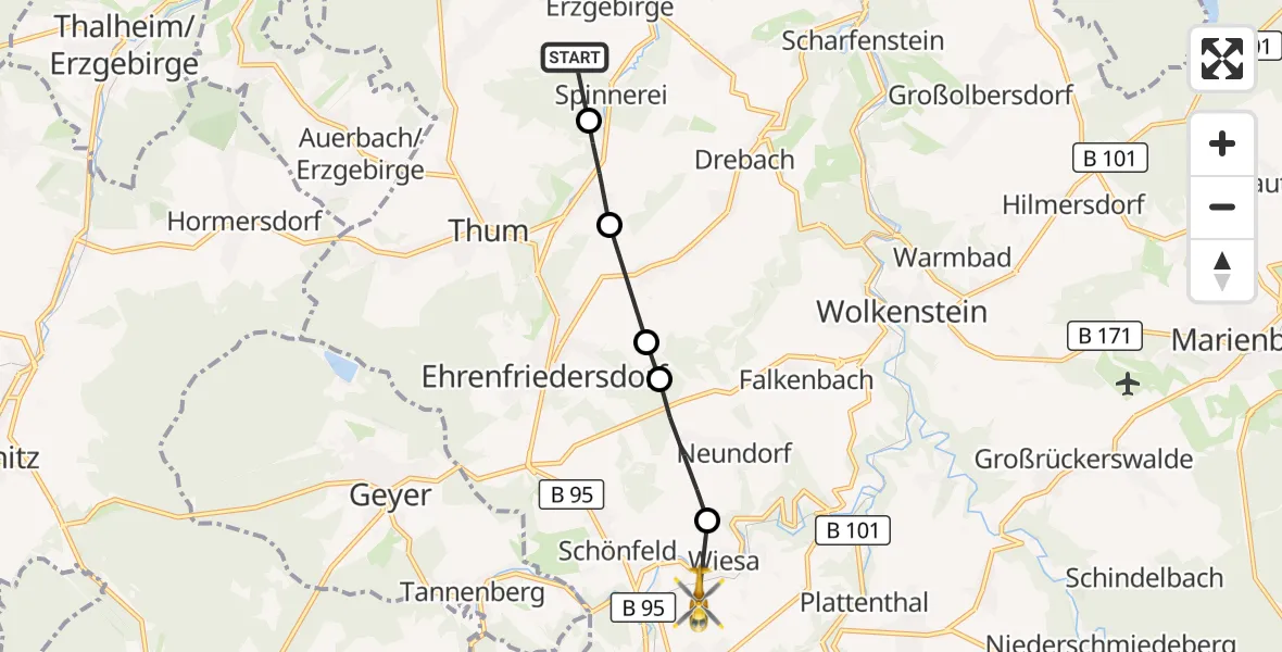 Flugroute Rettungshubschrauber Gelenau/Erzgebirge - Wiesa, 07 März 2026, 10:43