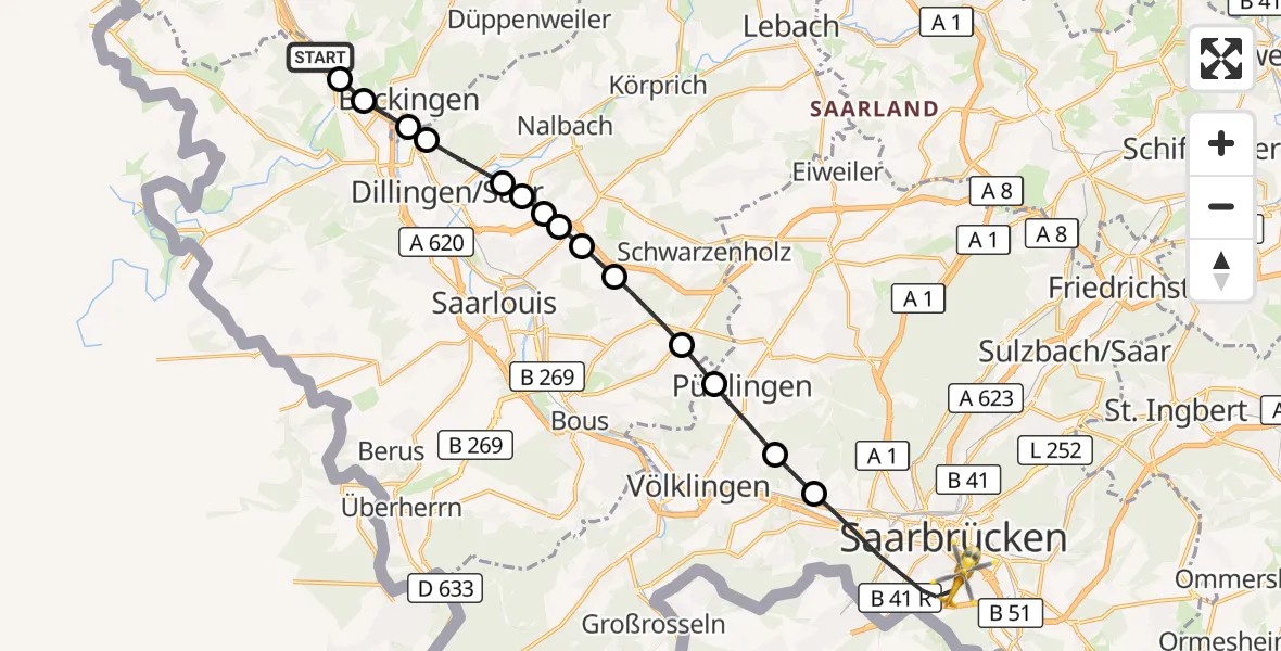 Flugroute Rettungshubschrauber Fremersdorf - Saarbrücken, 07 März 2026, 10:45