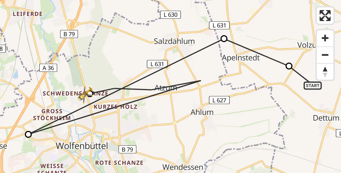 Flugroute Rettungshubschrauber Dettum - Wolfenbüttel Municipal Hospital Heliport (Christoph 30), 07 März 2026, 10:56