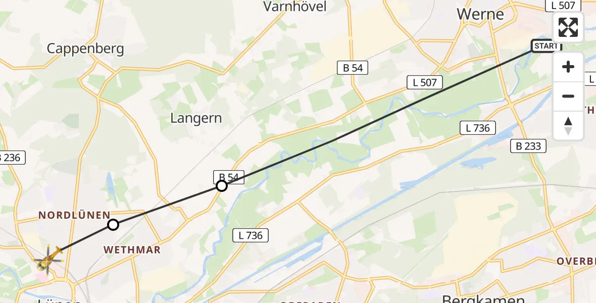Flugroute Rettungshubschrauber Werne - Sankt Marien Hospital Heliport, 07 März 2026, 11:03
