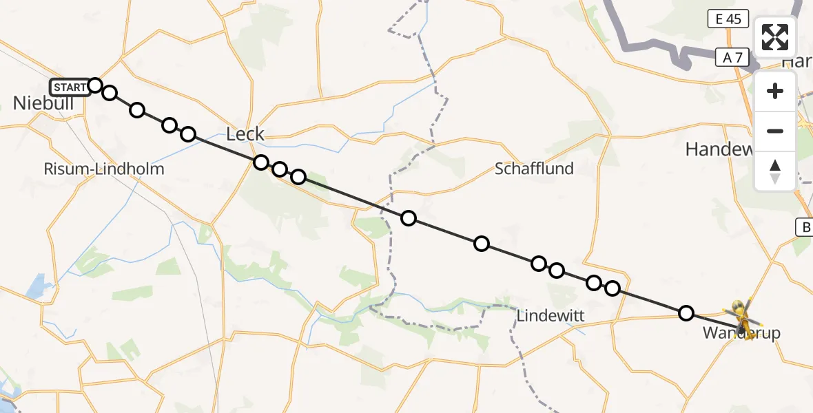 Flugroute Rettungshubschrauber Niebüll - Wanderup, 07 März 2026, 11:11