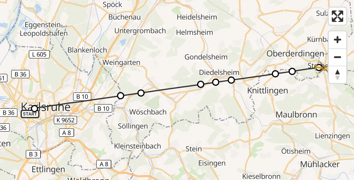 Flugroute Rettungshubschrauber Sankt Vincentius Hospital - Sternenfels, 07 März 2026, 11:15