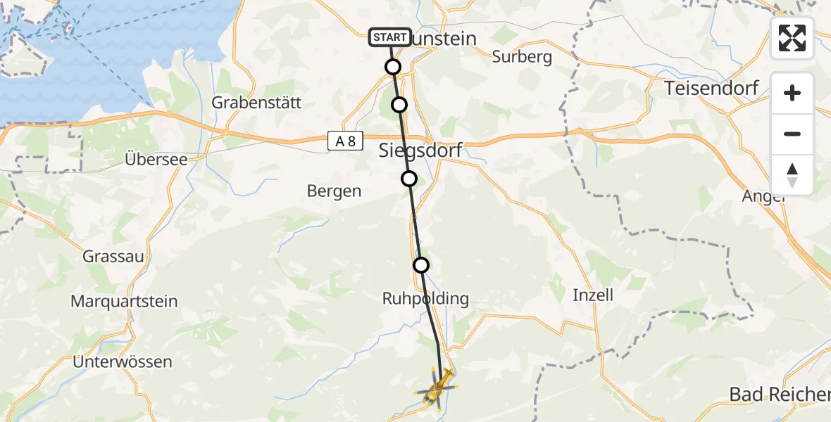 Flugroute Rettungshubschrauber Gemarkung Wolkersdorf - Ruhpolding, 07 März 2026, 11:23