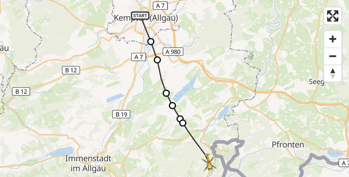 Flugroute Rettungshubschrauber Kempten (Allgäu) - Unterjoch, 07 März 2026, 11:30